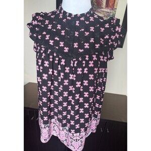 Rose & Olive Top Sz S Black Floral Ruffle Crew Neck Crochet Trim Flutter Sleeve